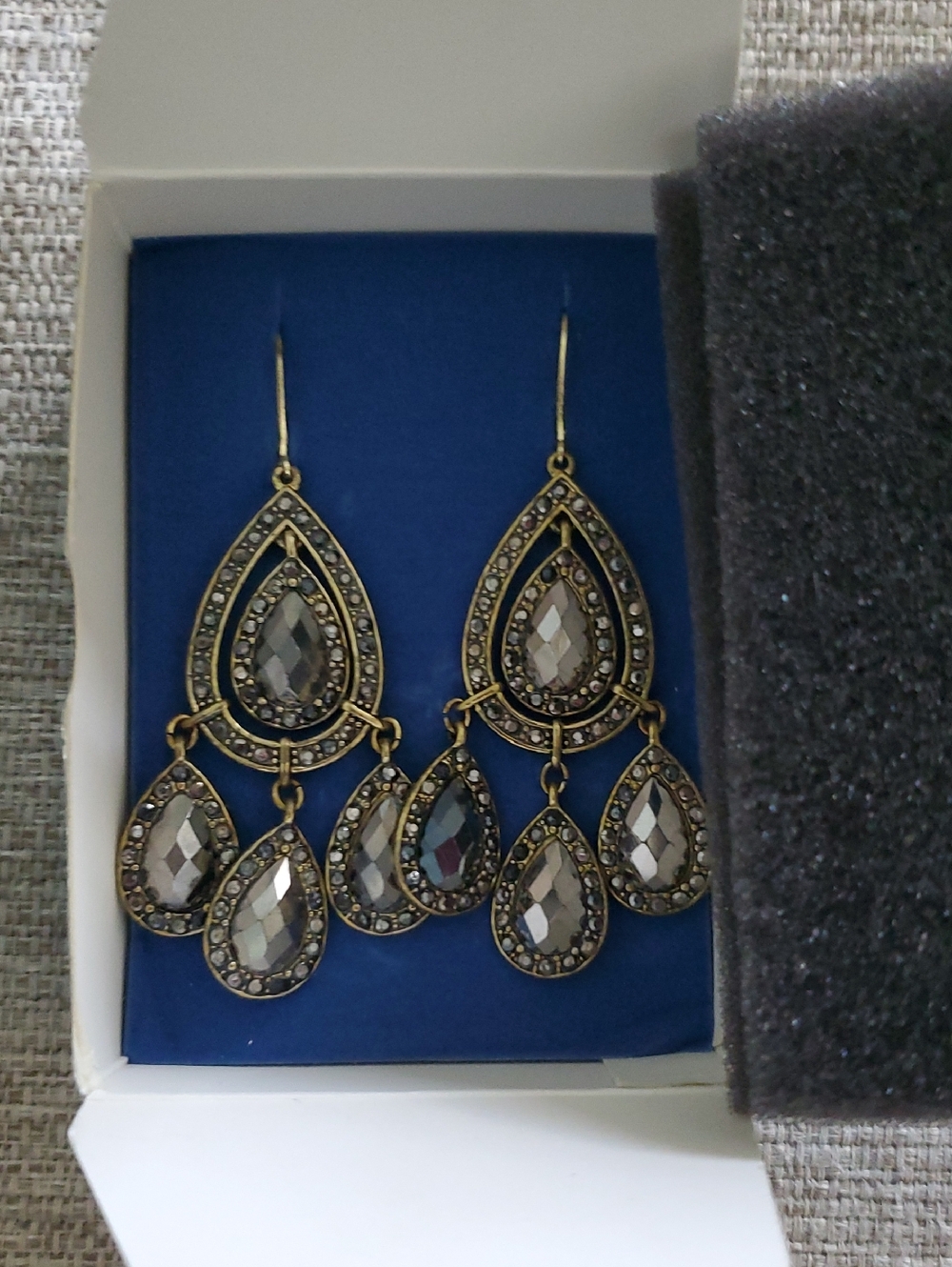 Avon Gold-Tone Chandelier Earrings with Smoke Crystals